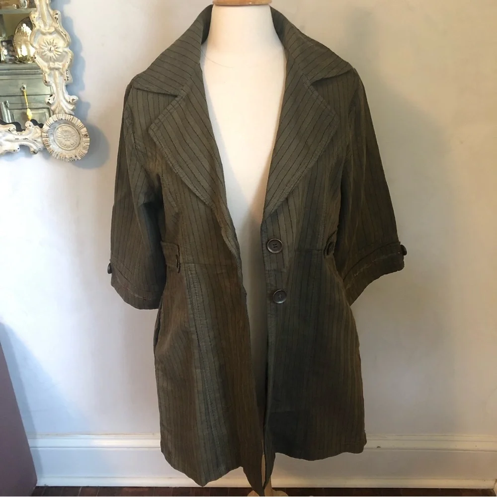 Mrs.Pepper Green Herringbone red pinstripe coat w/buttons & 3/4sleeves SizeLarge